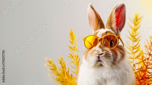 Stylish bunny wearing sunglasses, confidently posed, isolated on a pure white background photo