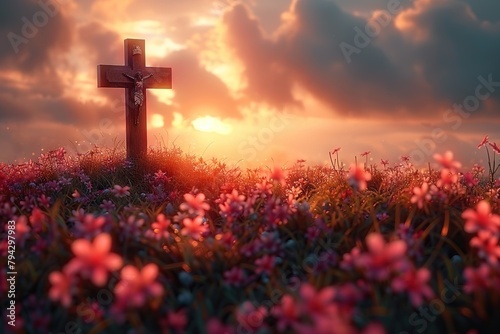 A Majestic Cross Amidst Blooming Flowers Under the Golden Autumn Sunrise, Symbolizing Hope, Faith,