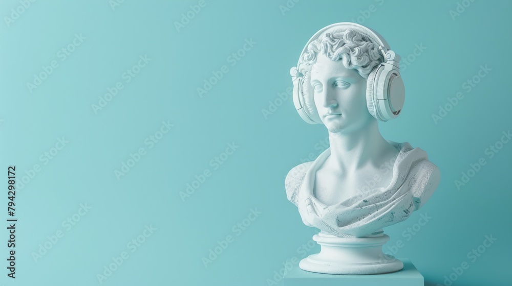 Statue of Apollo wearing modern headphones Statue of Apollo wearing modern headphones