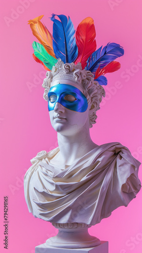 Cultural mask sculpture of a man with colorful feather headpiece on wooden bust statue