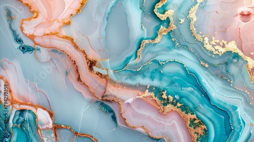 Abstract blue and pink marble texture with golden veins