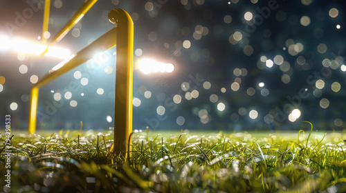 A football field with a yellow goal post and a blurry background