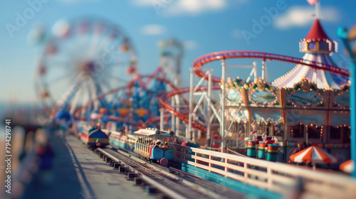 A miniature amusement park with a roller coaster and a Ferris wheel