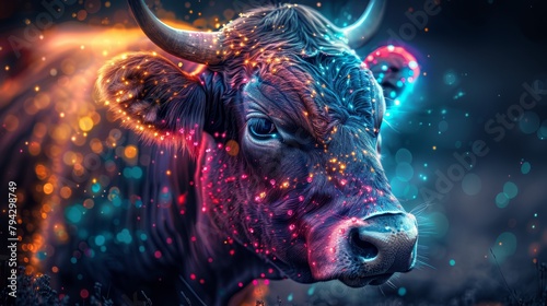  A tight shot of a bull adorned with numerous lights on its face and horns