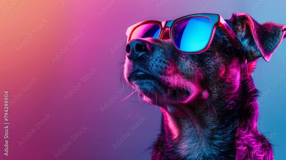 Black dog wearing colorful sunglasses under purple light