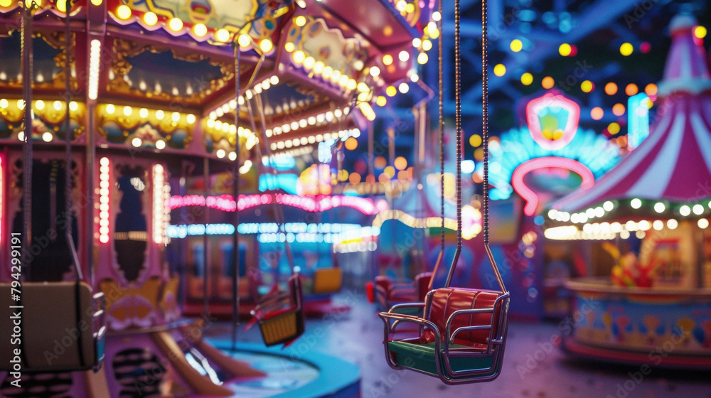 A carnival with a lot of lights and a carousel with a small red seat