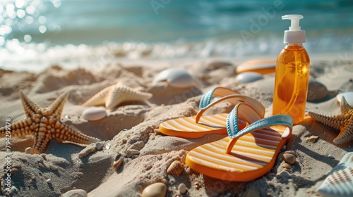 Beach sand with sunscreen and striped flip flops