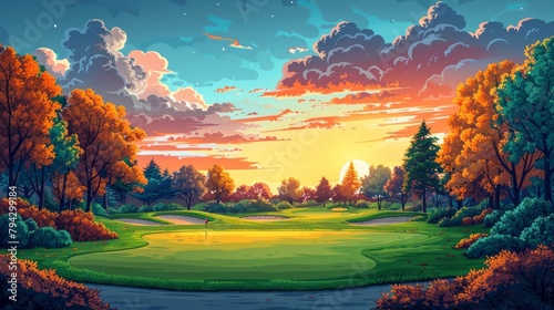 A vibrant painting capturing the beauty of a golf course at sunset. The sky is a warm blend of oranges and pinks, casting a golden glow over the green fairways and bunkers. Golfers are seen finishing photo