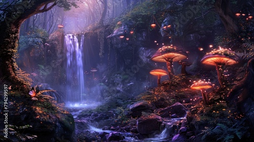 A breathtaking digital painting of a fantasy forest with towering mushrooms aglow with internal light  amidst an ethereal misty landscape. Resplendent.