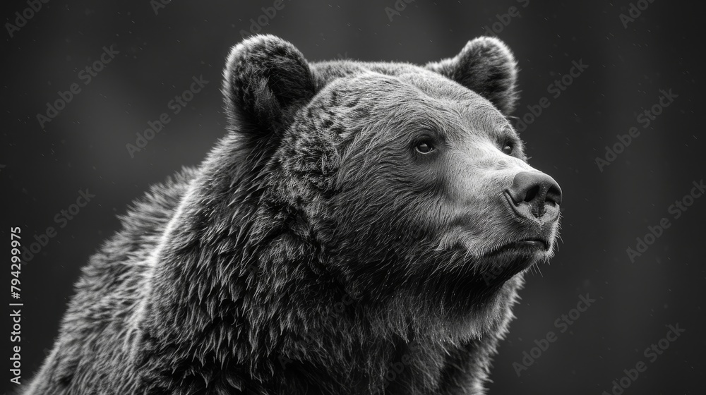 An isolated monochrome portrait of a brown bear looking forward.