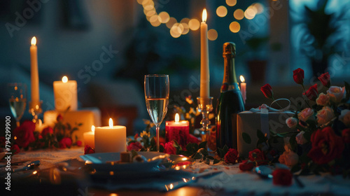 A table with candles and wine glasses set up for a romantic dinner photo