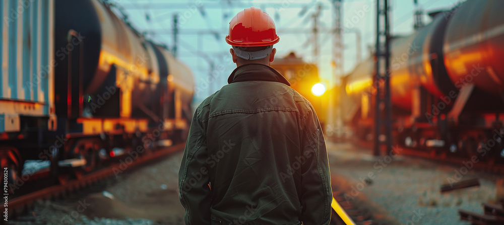 A man in a safety helmet stands in front of a train A man in a safety helmet stands in front of a train