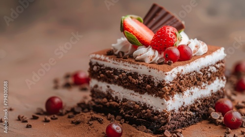 delicious cake on a brown background.