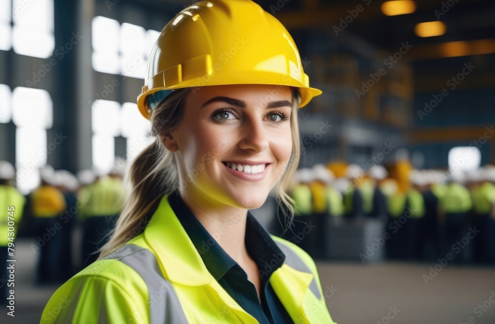 Close-up. Portrait of a smiling beautiful girl engineer in a vest and yellow hard hat at production Close-up. Portrait of a smiling beautiful girl engineer in a vest and yellow hard hat at production