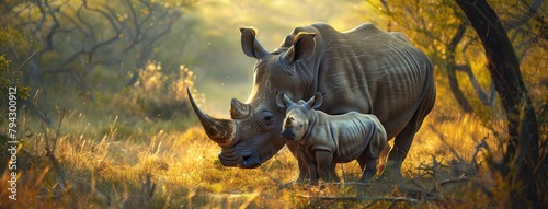 a mother rhinoceros and her calf standing by the side of an African road in South Africa, their white forms contrasting against the lush green grass of the savanna.