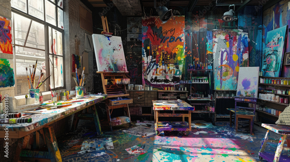 A messy art studio with a large painting on the wall that says 