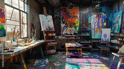 A messy art studio with a large painting on the wall that says 