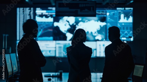 In a dimly lit conference room three individuals stand in front of a large display screen backs to the camera. They are deep . . photo