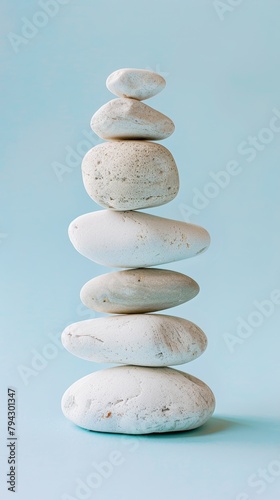 Stack of smooth white stones on a pale blue background