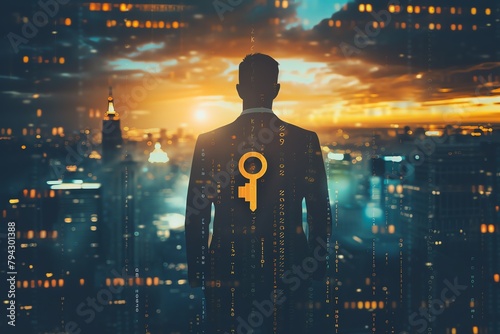 Corporate leader with a keyshaped pendant, standing in front of a city skyline, representing strategic vision