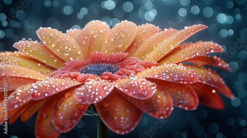  A macrose shot of a bloom adorned with dewdrops, surrounded by a hazy backdrop of raindrops