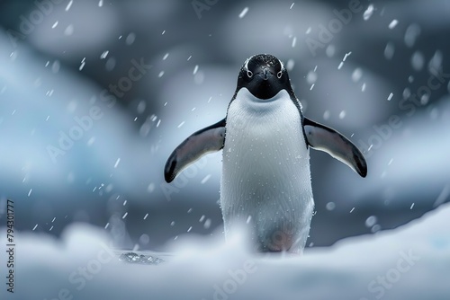 Majestic Adelie Penguin Spreads Its Wings Amidst the Snowy Wonderland of Antarctica, Capturing the Essence of Wildlife and Nature’s Beauty