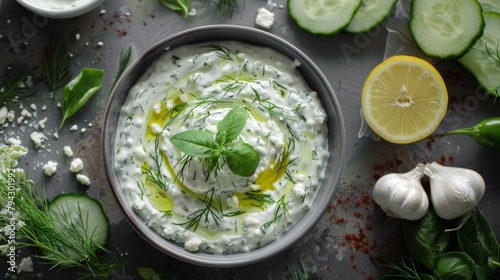 Zadziki is a cold appetizer sauce made of yogurt, fresh cucumber and garlic, a traditional dish of Greek cuisine.