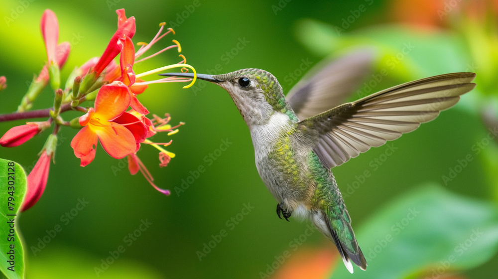 Fototapeta premium Hummingbird Feeding on Red Flowers, Dynamic Wildlife Scene