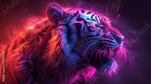 An abstract  multi-colored portrait of a snarling neon tiger on a dark purple background.