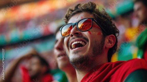 A fan wearing a hat joyfully shouts and waves the Portuguese flag in the stadium among the entertained crowd during the event. AIG41