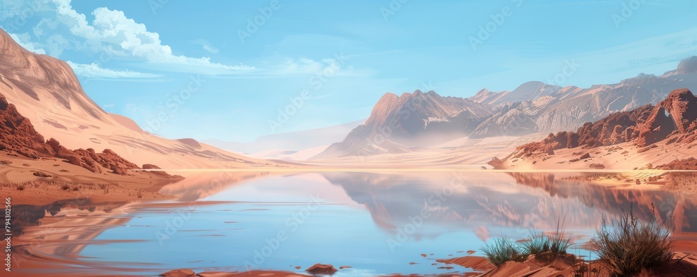 Surreal desert landscape with reflective water body and mountainous backdrop