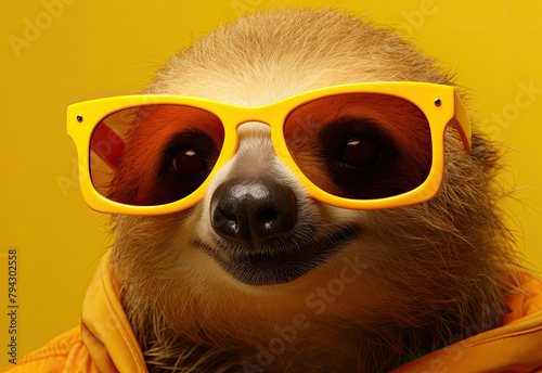 Sloth in glasses. Close-up portrait of a sloth. An anthopomorphic creature. A fictional character for advertising and marketing. Humorous character for graphic design. photo