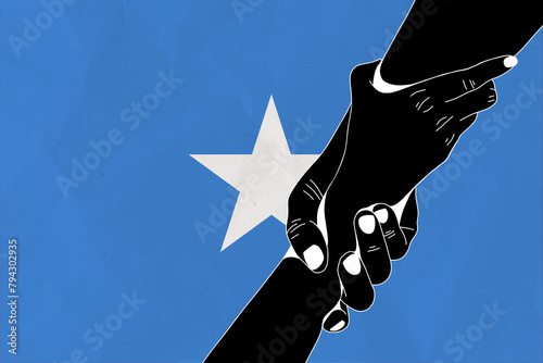 Helping hand against the Somalia flag. The concept of support. Two hands taking each other. A helping hand for those injured in the fighting, lend a hand photo