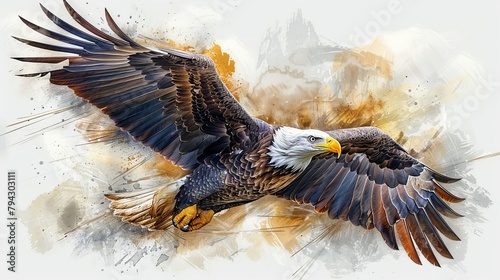 Various layers of watercolor artwork depicting a soaring bald eagle on a white background. Modern art. Portrait of the eagle on a white background.
