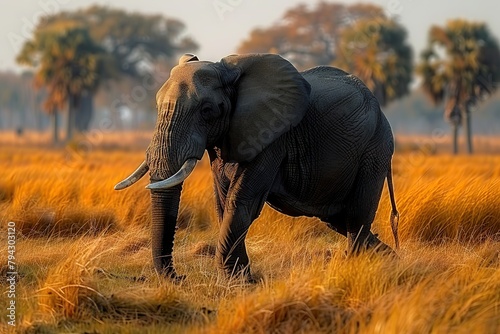 An African Elephant (Loxodonta africana) Gracefully Walks, Swinging Its Trunk Amidst the Serene Beauty of Chobe National Park, Botswana