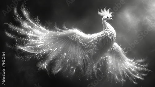 The phoenix bird is drawn in black and white on a black background in modern graphics. It has separate layers for a better understanding.