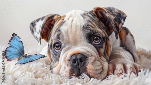 This is a digital modern drawing of a bulldog puppy with a butterfly in watercolor style on a white background. There is a separate layer for each color. photo