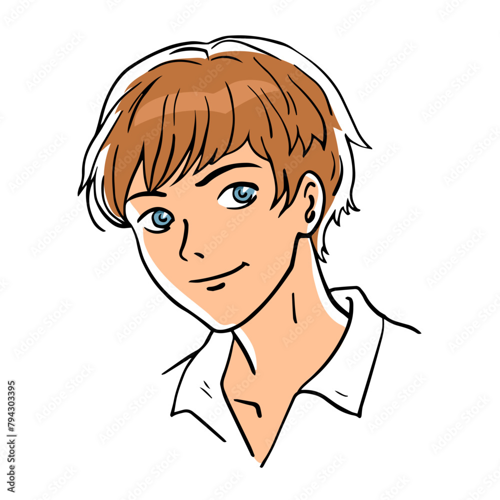 Happy boy portrait. On the face of a smile. Happy young man. Cartoon anime style. Vector illustration. Sketch style manga Happy boy portrait. On the face of a smile. Happy young man. Cartoon anime style. Vector illustration. Sketch style manga