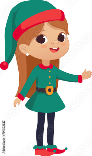 001837_ExplCartoon vector illustration of the smiling cute elf girl pointing at a bubble with place for text. Preschool child girl. School kids illustration isolated on white background..ore1 © FoxyImage