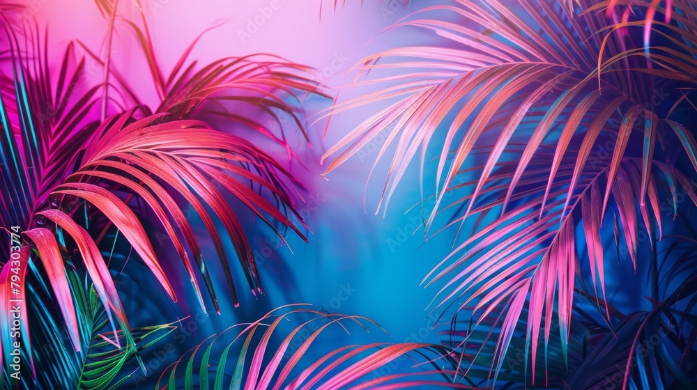 Vibrant neon-colored palm leaves against a blue backdrop