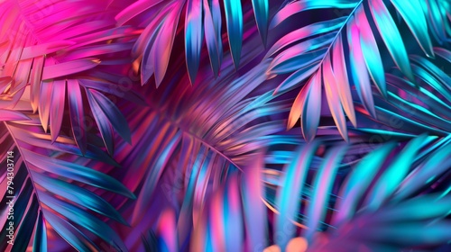 Vibrant tropical leaves in pink and blue hues