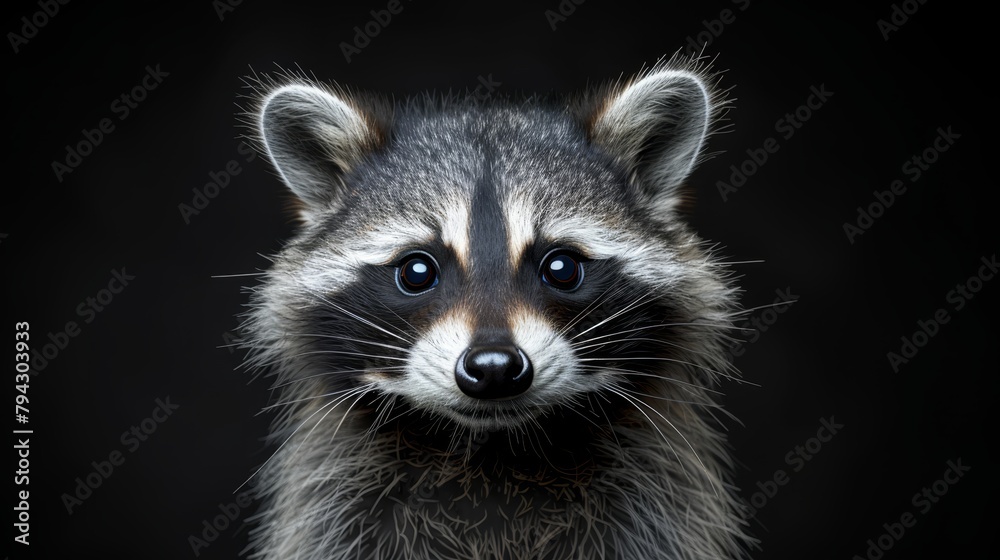   A tight shot of a raccoon's expressive face, eyes bright and fixed on the camera