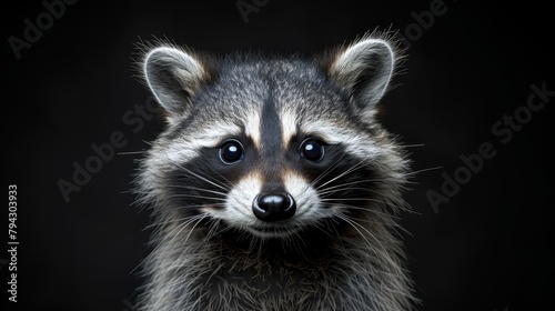  A tight shot of a raccoon's expressive face, eyes bright and fixed on the camera