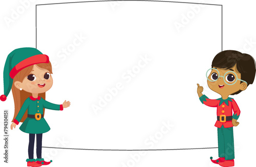 Cute little Christmas elves on a white background showing a blank poster © FoxyImage