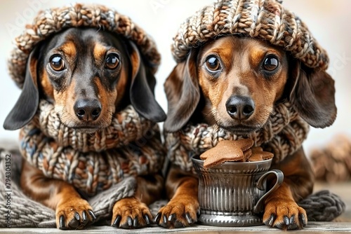 Festive Bavarian Dachshund Duo, Adorned in Traditional Attire, Poised with Gingerbread and Beer Mug,