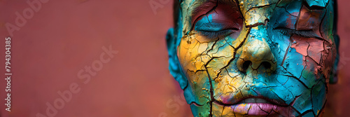 visage de femme en gros plan avec la peau recouverte d'argile craquelée multicolore, espace pour texte photo
