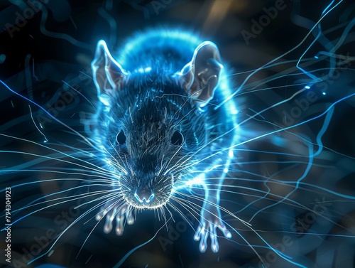 Close-up figure of a rat. Photorealistic image of rodent on dark background with energy lines. Illustration for cover, card, poster, brochure or presentation.