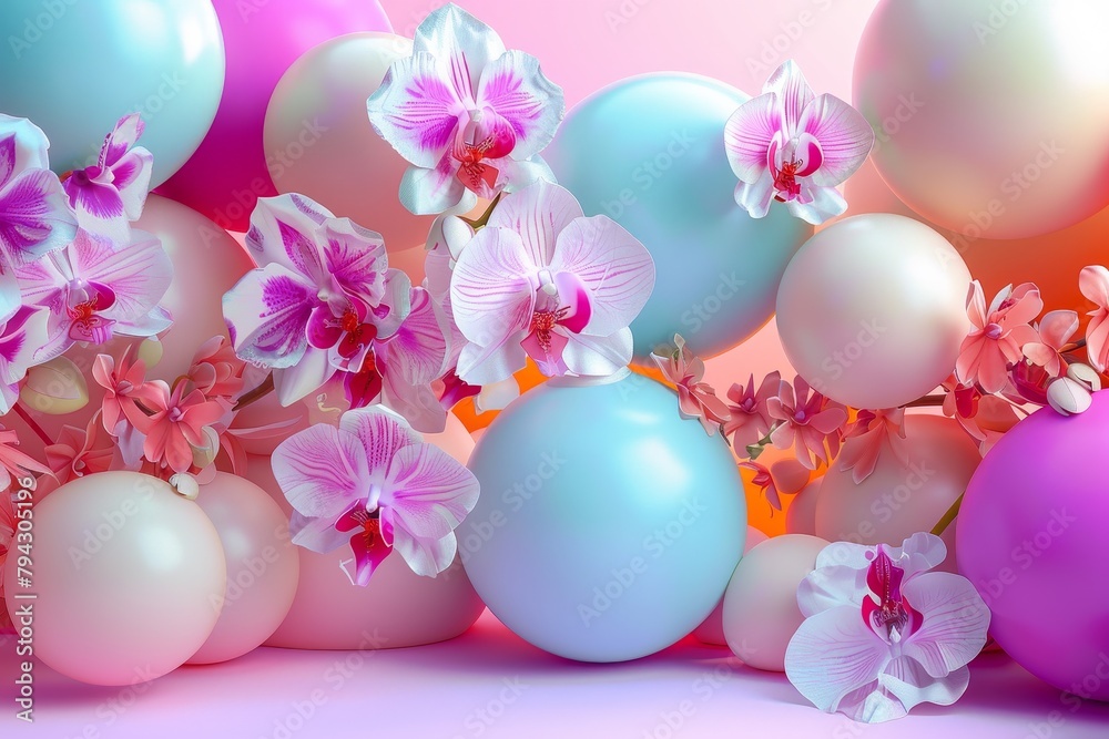 A row of colorful balloons with flowers in the middle