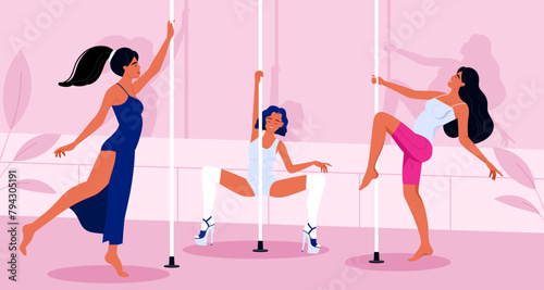Three young girls in a pole dancing training class at a dance studio. Scene of women in dance studio. Pole dancing, fitness and sport lifestyle. Isolated vector illustration in cartoon style