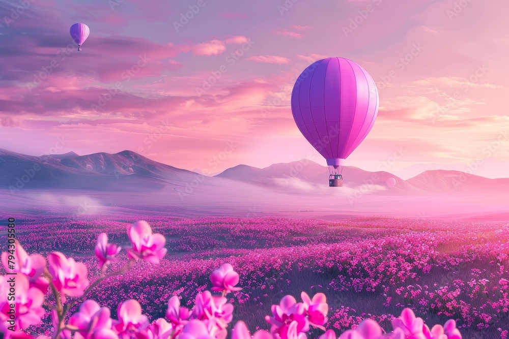 Fototapeta premium A colorful hot air balloon is flying over a field of flowers
